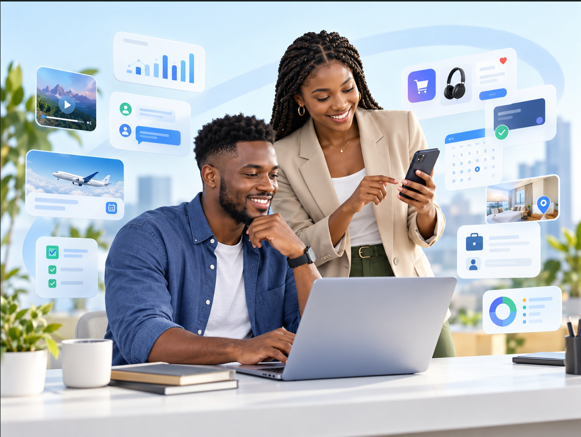 Young African professionals using everyday digital products together